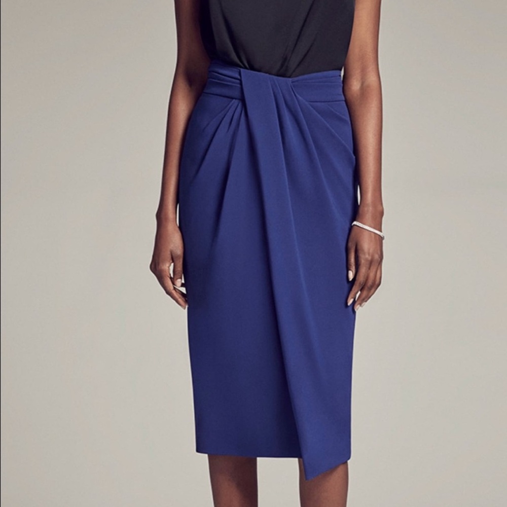MM Lafleur Silk Skirt Royal Navy Lenox Foulard Draped Quiet Luxury 6 Office